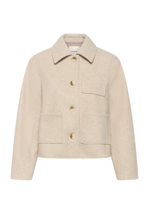 Veste en mélange de laine beige avec un col, des boutons dorés, deux poches avant et une finition texturée. Design droit avec des manches longues.
