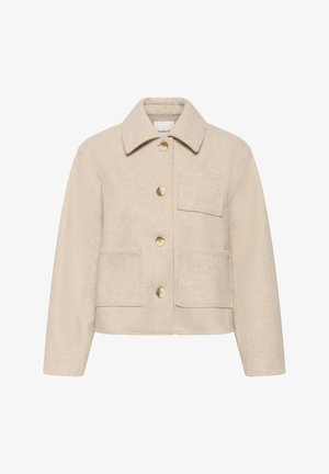 Veste en mélange de laine beige avec un col, des boutons dorés, deux poches avant et une finition texturée. Design droit avec des manches longues.