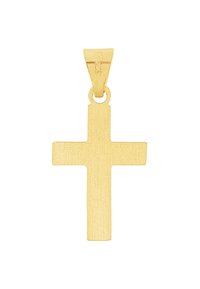 Goldfarbene Kreuzanhänger mit gebürsteter Oberfläche, ausgestattet mit einer Öse oben zur Befestigung. Einfaches, flaches Format mit klaren Linien.