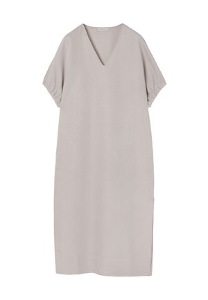 V-Ausschnitt, kurzärmliges Kleid aus hellgrauem Stoff. Lockerer Schnitt mit seitlichen Schlitzen, glatte Textur, minimalistisches Design, geeignet für die Freizeit.