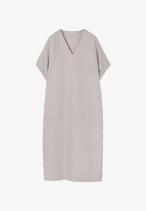 Rochie cu decolteu în V și mâneci scurte din țesătură gri deschis. Croială lejeră cu slituri laterale, textură fină, design minimalist, potrivită pentru ținute casual.