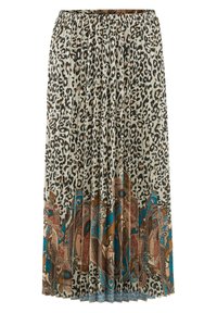 Jupe midi plissée avec haut imprimé léopard et bordure à motif cachemire multicolore dans des tons bleus, bruns et beige.