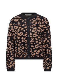 Fekete kardigán, amely leopárdmintás bézs árnyalatokban, kerek nyakkivágással és öt gombbal az elején. Texturált anyag.