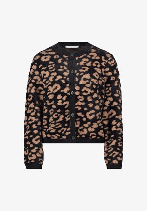 Cardigan noir ornée d'un imprimé léopard dans des tons beige, avec un col rond et cinq boutons sur le devant. Tissu texturé.