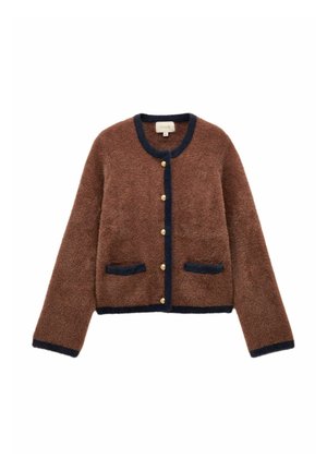 Brown textured knit cardigan with a navy trim, round neckline, and gold buttons. Features two front pockets with navy accents.