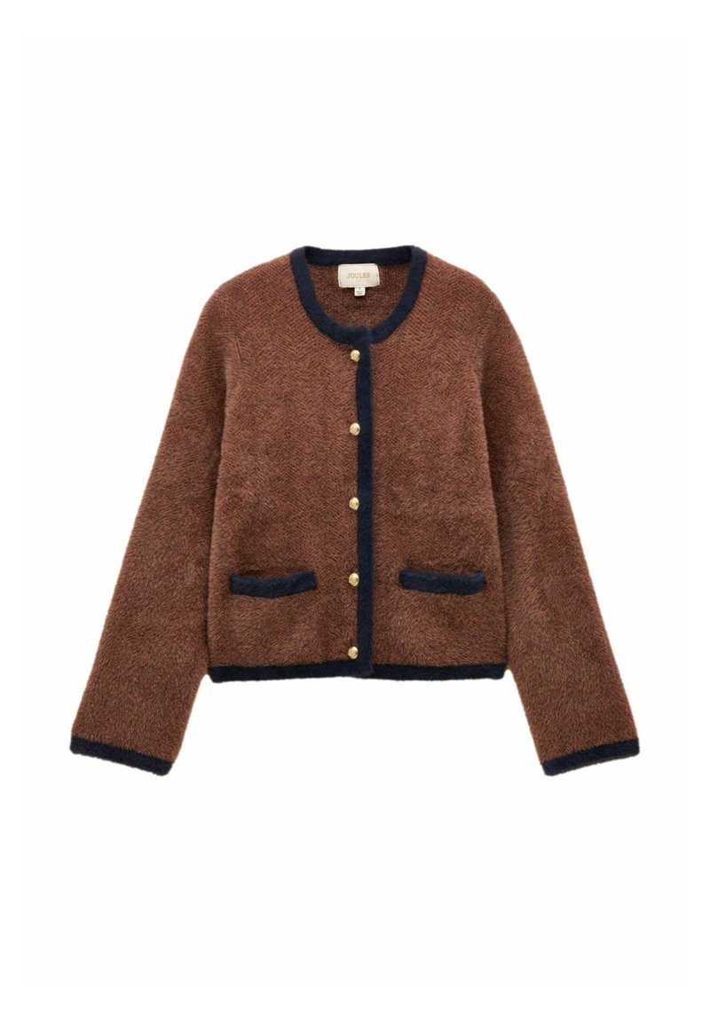 Brūns teksturēts adīts kardigāns ar tumši zilu apdari, apaļu kakla izgriezumu un zelta pogām. Satur divas priekšējās kabatas ar tumši zilām akcentiem.