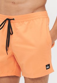Shorts de înot portocalii, cu talie elastică, cordon negru, buzunare laterale și un mic logo negru al mărcii. Textură de țesătură netedă.