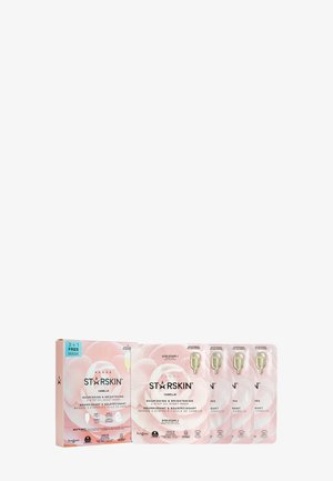 Ensemble de masques en feuilles nourrissants et éclaircissants Starskin Camellia en 2 étapes, comprenant quatre masques et une ampoule d'huile, affiché.