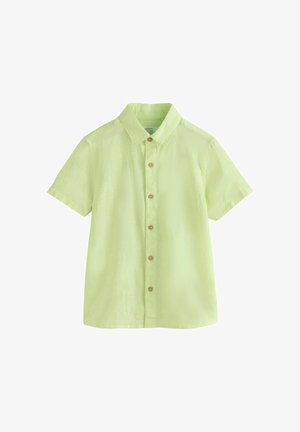 Hellgrünes kurzärmliges Hemd mit Kragen und sechs hölzernen Knöpfen auf der Vorderseite.