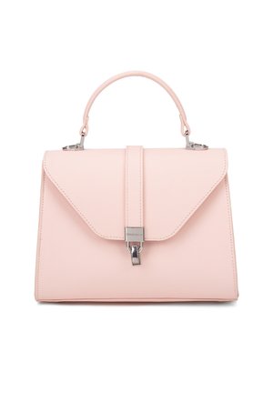 Borsa a tracolla in ecopelle rosa con design strutturato, maniglia superiore, patta frontale e dettagli in metallo argentato.