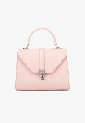 Borsa a tracolla in ecopelle rosa con design strutturato, maniglia superiore, patta frontale e dettagli in metallo argentato.