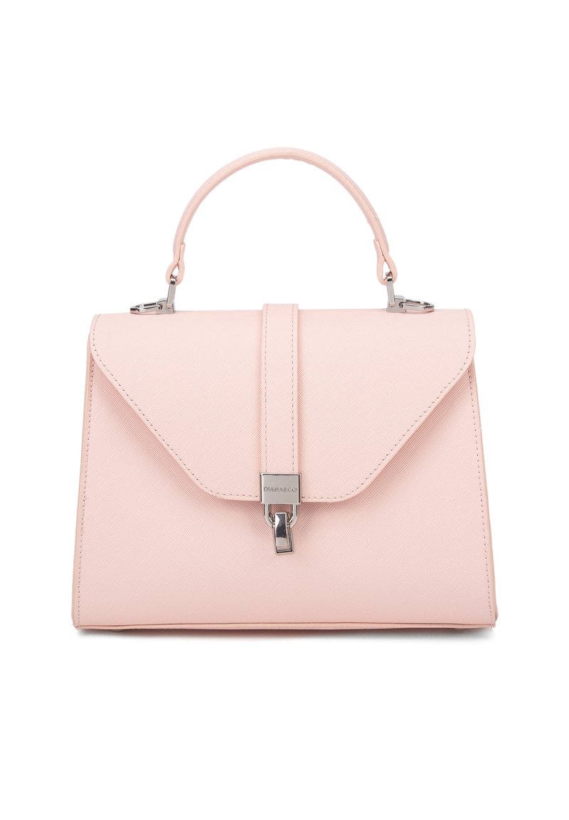 Borsa a tracolla in ecopelle rosa con design strutturato, maniglia superiore, patta frontale e dettagli in metallo argentato.