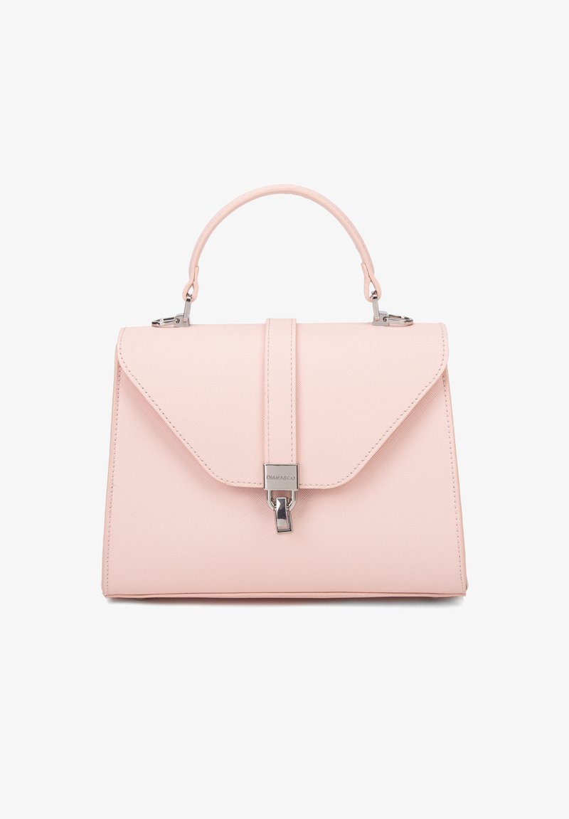 Borsa a tracolla in ecopelle rosa con design strutturato, maniglia superiore, patta frontale e dettagli in metallo argentato.