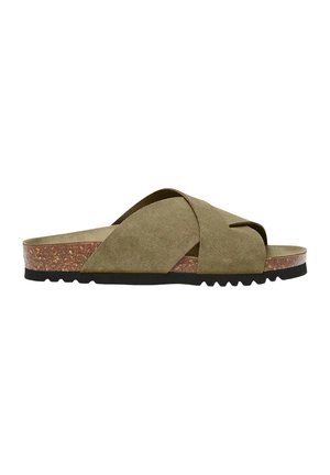 Talonnière en daim kaki avec des brides croisées, semelle intermédiaire en liège et semelle extérieure en caoutchouc avec un motif texturé pour une meilleure adhérence.