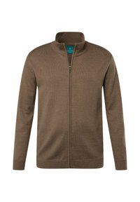Cardigan de cremallera marrón hecho de un suave tejido de punto. Presenta un cuello alto, mangas largas y puños y dobladillo acanalados. Textura simple y suave.