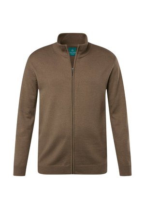 Brun lynlås cardigan lavet af blødt strikket stof. Har en ståkrave, lange ærmer samt ribbede manchetter og kant. Enkel, glat tekstur.