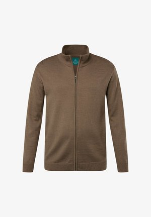 Cardigan zip-up marrone realizzato in morbido tessuto a maglia. Presenta un colletto alto, maniche lunghe e polsini e orlo a costine. Texture semplice e liscia.