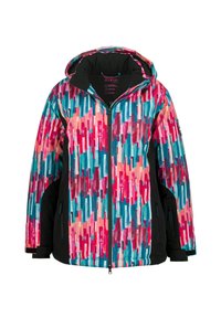 Giacca isolante colorata con un motivo astratto verticale multicolore di rosa, rosso e turchese. Presenta un bordo e un cappuccio neri.