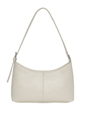 Kleine beige Leder-Umhängetasche mit geschwungenem oberen Rand, einem einzelnen Riemen und sichtbarer zentraler Naht.
