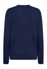 Marineblauwe kabelgebreide trui met een ronde hals, geribbelde manchetten en zoom. Geheel voorzien van een gestructureerd patroon en een aansluitend ontwerp.