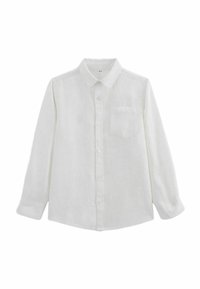 Chemise en lin blanche à manches longues avec un col classique, une fermeture à boutons sur le devant et une poche poitrine unique. Texture lisse et légère.