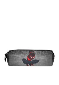 Trousse noire ornée d'un design Spider-Man sur un fond gris avec des motifs de toiles d'araignée. Surface lisse, fermeture éclair, forme rectangulaire.