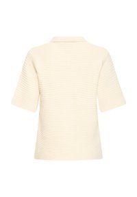 Haut en tricot texturé beige clair à manches courtes avec un col subtil, présenté de dos sur fond blanc.