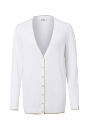 Cardigan blanc à manches longues avec col en V, fermeture boutonnée à l'avant et délicate finition dorée le long des bords et des poignets.