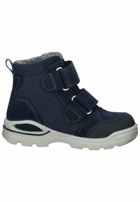 Marineblauwe enkelboot met twee verstelbare klittenbandsluitingen, grijze fleece voering aan de bovenkant, witte zool met een textuur voor grip en een gevoerde kraag.