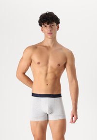 Sivé bavlnené boxerky s námorníckym pásom, ktorý má tri diagonálne pruhy a logo Adidas. Tkanina vyzerá hladko a priliehavo.
