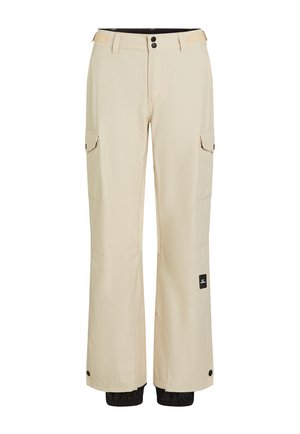 Beige cargo pants featuring a straight cut, two side pockets, and a black accent at the cuff. Made from lightweight fabric with a smooth texture.