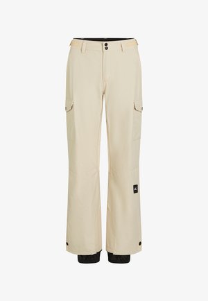 Beige cargo pants featuring a straight cut, two side pockets, and a black accent at the cuff. Made from lightweight fabric with a smooth texture.