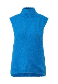 Gilet tricoté sans manches bleu vif avec un col montant côtelé et un ourlet côtelé.