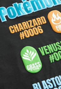 Schwarzer Stoff mit erhöhtem, buntem Text: "Pokémon" (hellblau), "CHARIZARD #0006" (orange), "VENUSAUR #0002" (grün), "BLASTOISE #0003" (hellblau).