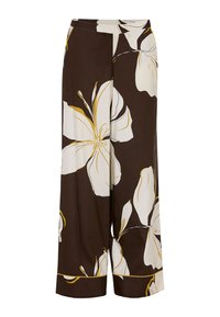 Bruine wijde broek met grote witte en gele bloemenpatronen. Zacht materiaal, hoge taille en verkorte lengte. Strakke zoomafwerking.