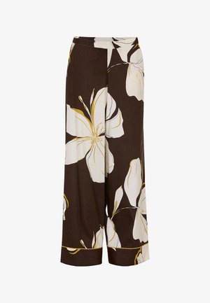 Brązowe spodnie szerokie z dużymi białymi i żółtymi wzorami kwiatowymi. Miękka tkanina, wysoki stan oraz krótk długość. Czyste wykończenie brzegu.