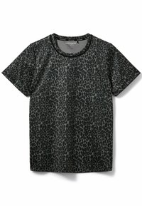 Tričko s krátkym rukávom v čierno-sivom leopardím vzore, s okrúhlym výstrihom a mäkkou tkaninou s hladkým povrchom.