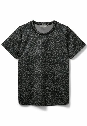 Lühikeste varrukatega T-särk musta ja halli leopardimustri mustriga, ümarate krae ja pehme kanga ning siledat tekstuuri. 