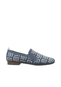 Blaue Slipper aus strukturiertem Strickstoff. Verfügt über ein geometrisches weißes Muster und einen niedrigen braunen Absatz. Keine sichtbaren Metallakzente.