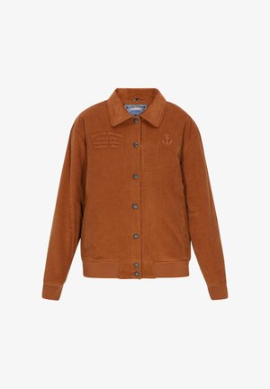 Jachetă din catifea cord maro, cu nasturi pe partea din față, guler și manșete striate. Are text brodat și un grafic cu ancora pe piept.