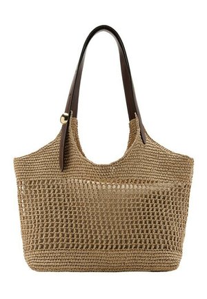 Sac cabas tissé beige avec motif en maille ouverte, poignées en cuir marron, et détail de perle dorée sur une poignée.