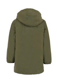 Giacca a vento verde oliva con texture leggermente imbottita, polsini elasticizzati e design dritto. Nessuna tasca o chiusura visibile sulla parte posteriore.
