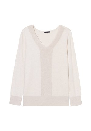 Hellbeige V-Ausschnitt-Pullover aus weichem Strickstoff, mit einem strukturierten Mittelteil und gerippten Bündchen und Saum. Klassisches, schlichtes Design.