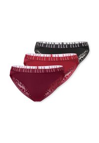 Drei Paar Damenunterwäsche in Schwarz, Burgunderrot und Rot mit Spitzenakzenten und elastischen Bändern, die den Markennamen "ELLE" tragen.