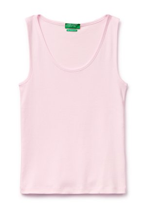 Hellrosa ärmelloses Tanktop mit Rundhalsausschnitt und grünem United Colors of Benetton-Label am Kragen.