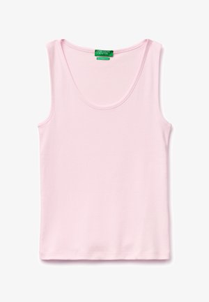 Jasnoróżowy bezrękawnik z okrągłym dekoltem i zieloną metką United Colors of Benetton przy kołnierzu.