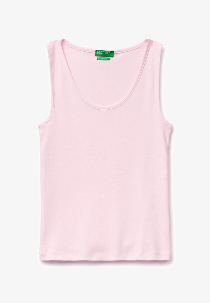 Débardeur rose clair sans manches avec un col rond et une étiquette verte United Colors of Benetton au col.