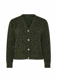 Grüne Strickjacke mit schwarzem Leopardenmuster, V-Ausschnitt und silbernen Knöpfen. Gerippte Bündchen und Saum, weiche Textur und mittleres Gewicht.