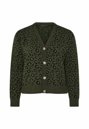 Grüne Strickjacke mit schwarzem Leopardenmuster, V-Ausschnitt und silbernen Knöpfen. Gerippte Bündchen und Saum, weiche Textur und mittleres Gewicht.