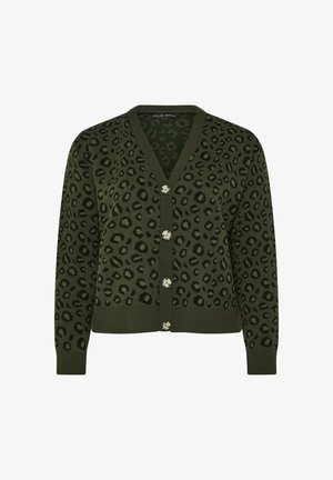 Grüne Strickjacke mit schwarzem Leopardenmuster, V-Ausschnitt und silbernen Knöpfen. Gerippte Bündchen und Saum, weiche Textur und mittleres Gewicht.